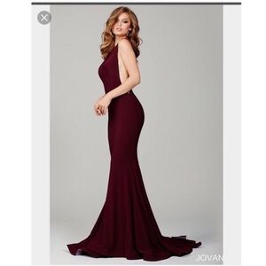 Jovani dress burgundy/maroon formal dress with open back & train
